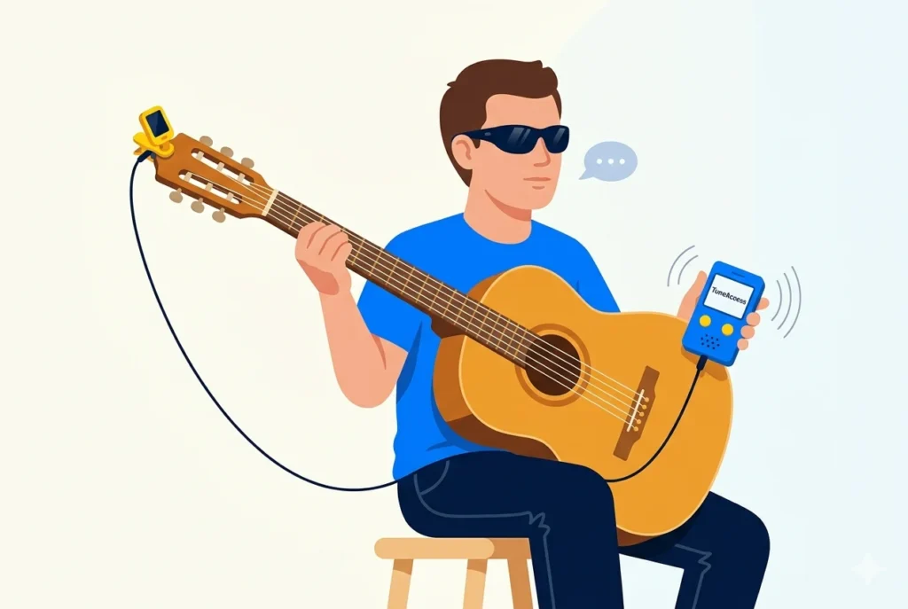 Piste A : capteur sur une guitare relié à un boîtier autonome avec retours sonores et vibrations.
