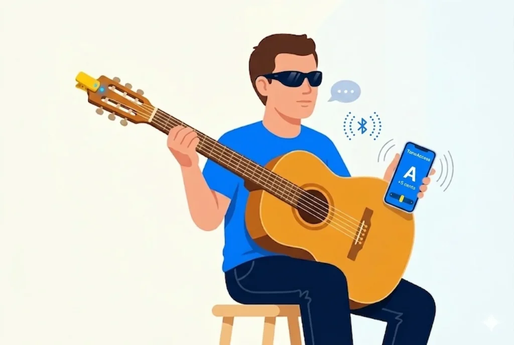 Piste B : capteur fixé à une guitare, relié par Bluetooth à un smartphone qui restitue les indications.