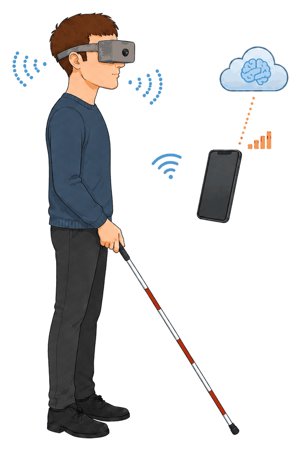 Illustration de la deuxième génération de Cyclope : lunettes avec boîtier central, reliées en wifi à un smartphone qui interroge une intelligence artificielle distante
